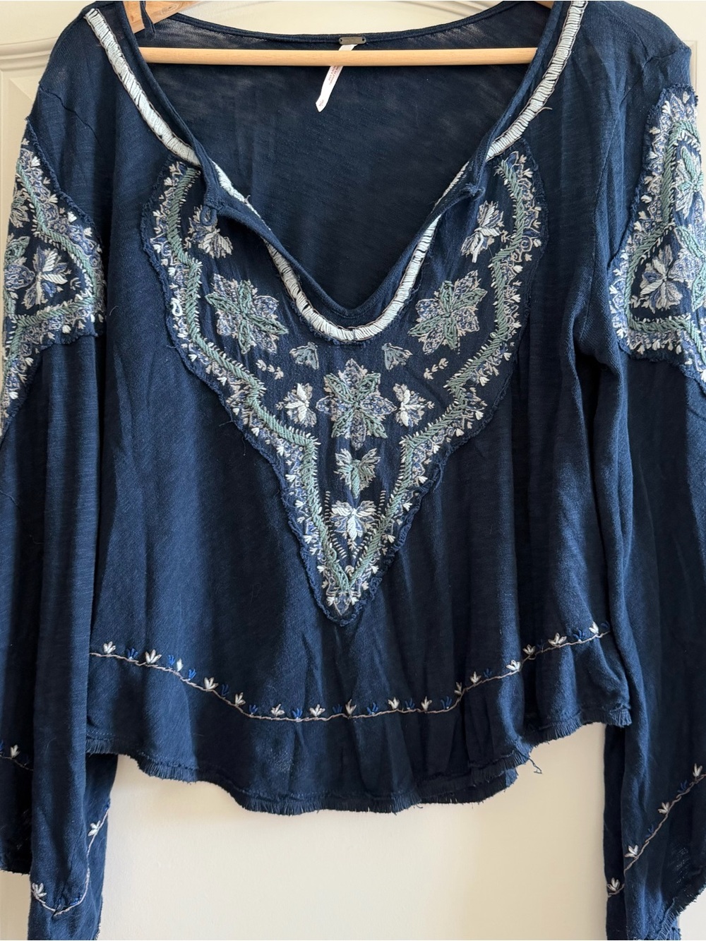 Free People Navy Blue Embroidered Boho Top